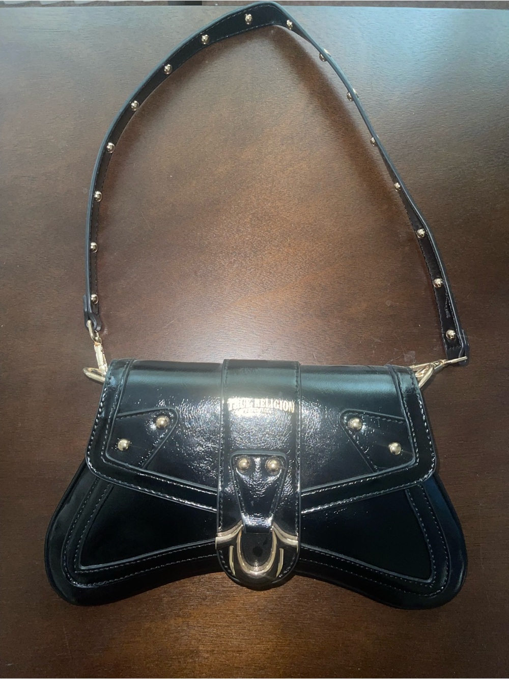 True Religion Black Patent Studded Shoulder Bag